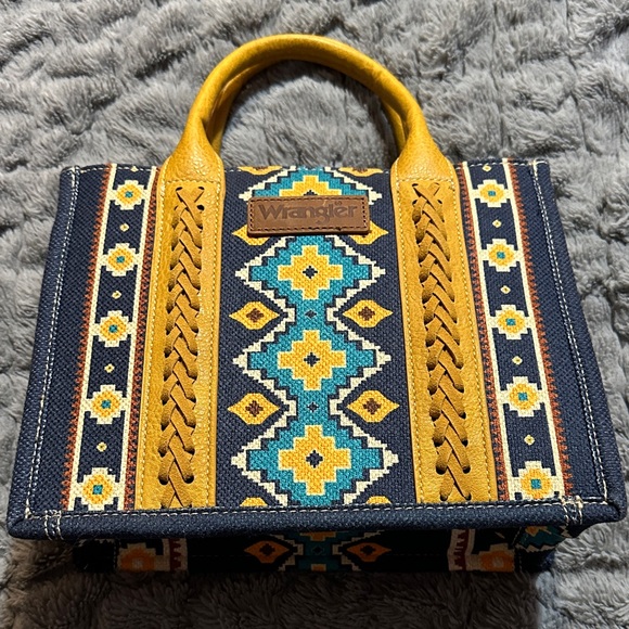 Wrangler Handbags - Wrangler Navy Tote with Yellow & Turquoise Geometric Embroidery